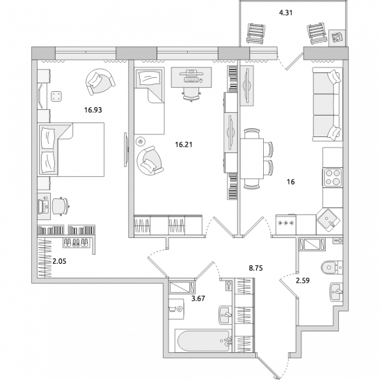 Двухкомнатная квартира 71 м²