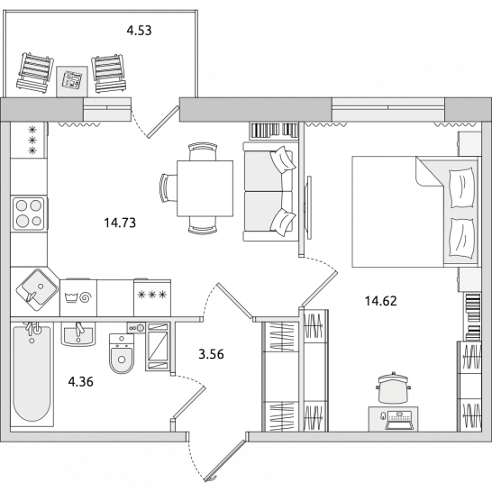 Однокомнатная квартира 42 м²