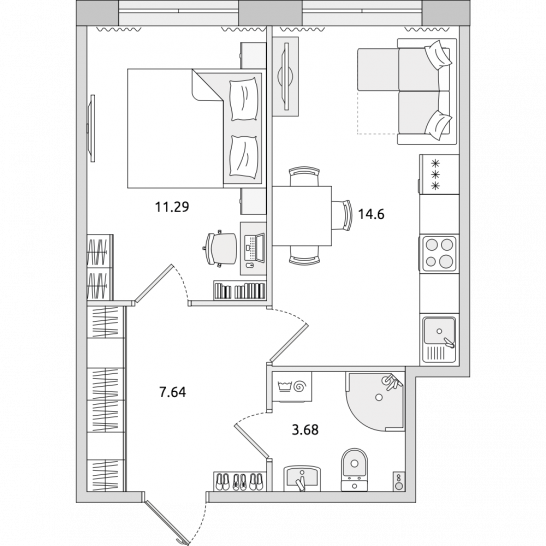 Однокомнатная квартира 37 м²