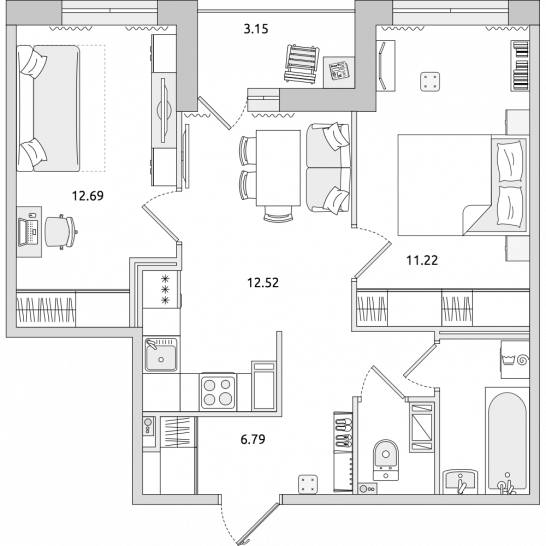 Двухкомнатная квартира 51 м²