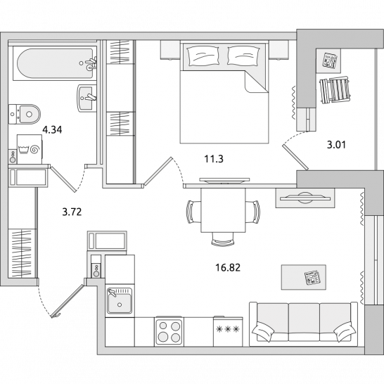 Однокомнатная квартира 39 м²