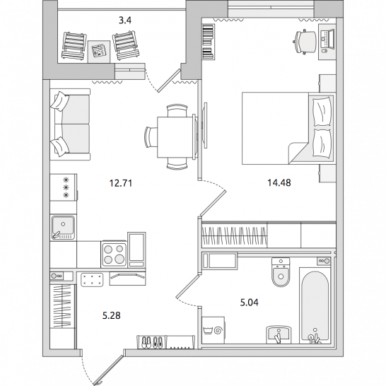 Однокомнатная квартира 41 м²