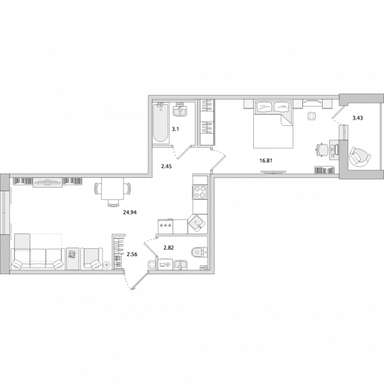 Однокомнатная квартира 56 м²