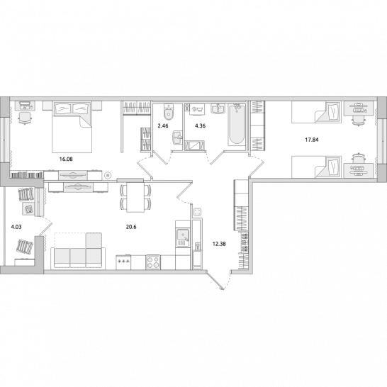 Двухкомнатная квартира 78 м²