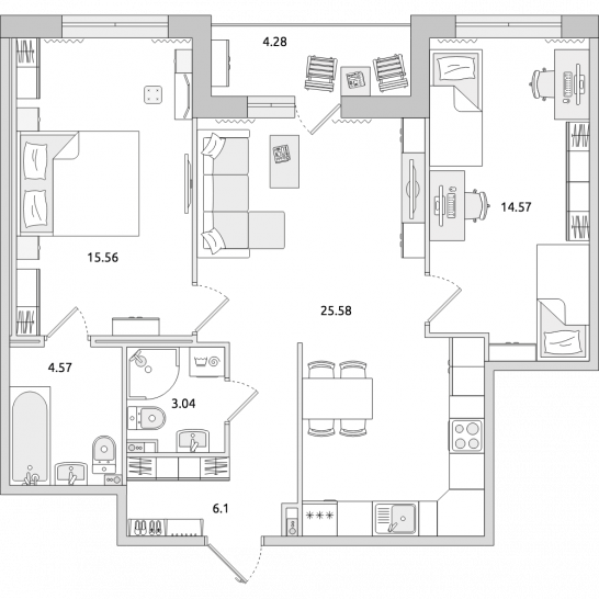 Двухкомнатная квартира 74 м²