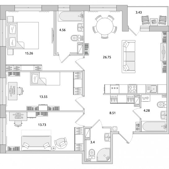 Трёхкомнатная квартира 93 м²