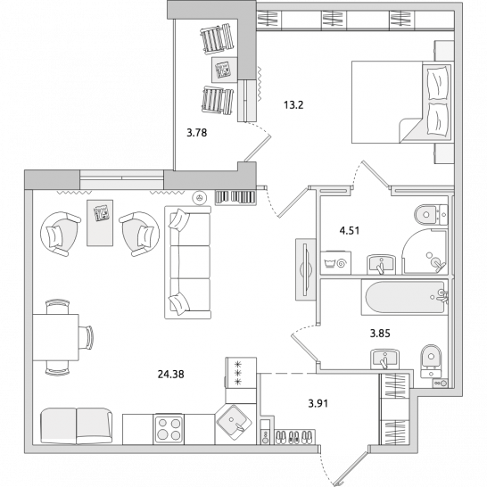Однокомнатная квартира 54 м²