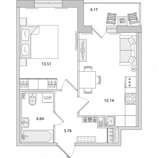 Однокомнатная квартира 43 м²