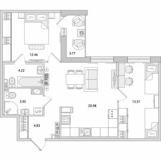 Двухкомнатная квартира 63 м²