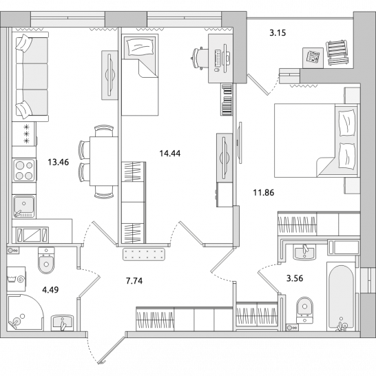 Двухкомнатная квартира 59 м²